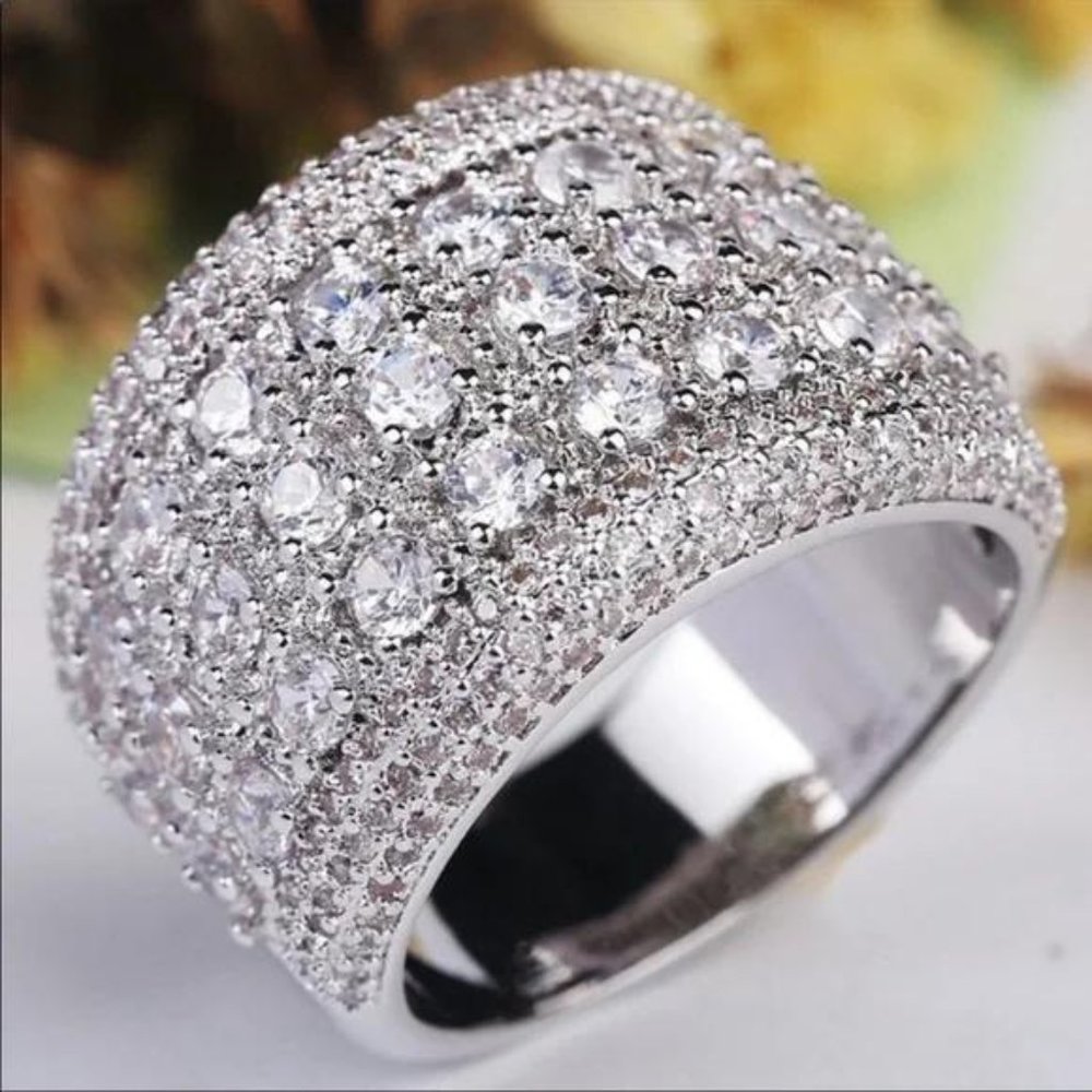 PAVE WIDE BAND 925 STERLING SILVER ROUND DIAMOND RING - Picture 8 of 8